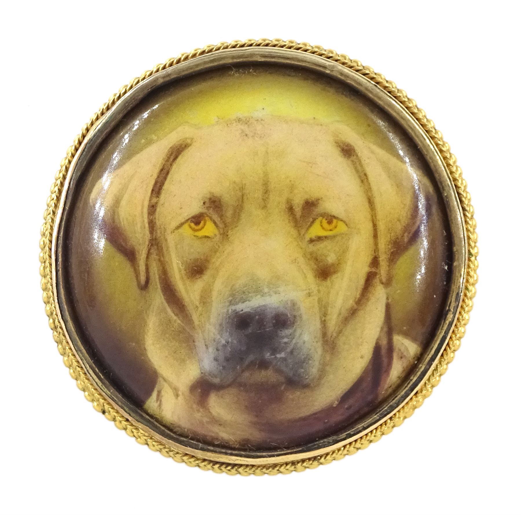 William Bishop Ford (British 1832-1922), miniature on porcelain portrait of a Labrador, within a 15ct gold brooch, signed verso W.B. Ford 1875