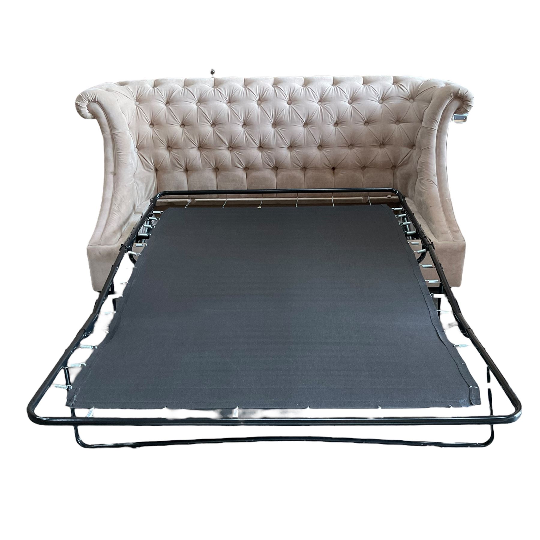 Grande wing back sofa bed, upholstered in beige buttoned fabric, metal action pull out double bed