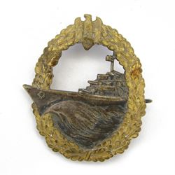 WWII German Third Reich Kriegsmarine Destroyer Badge by Schwerin, with maker’s mark ‘Schwe...