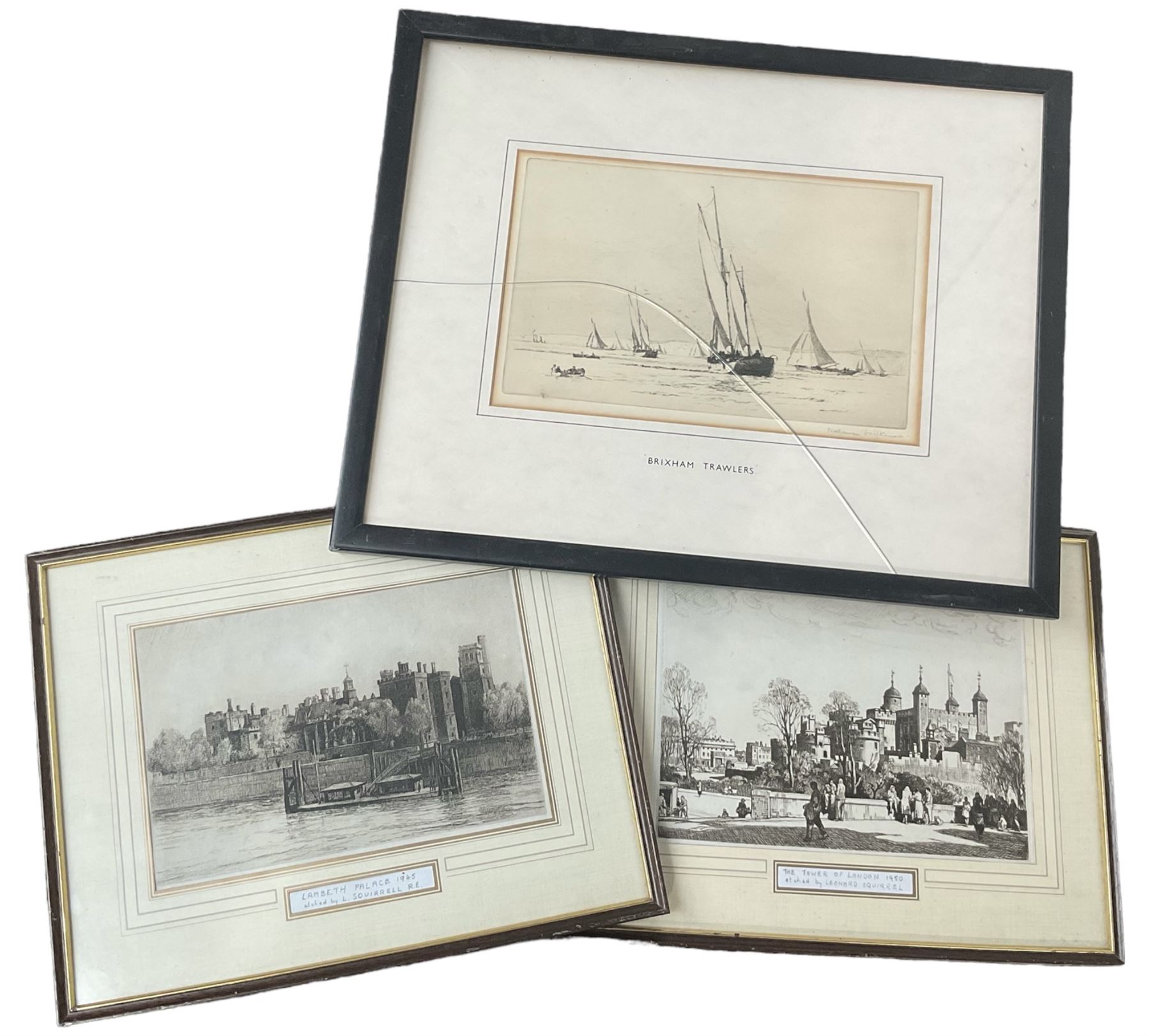 Leonard Russell Squirrell (British 1893-1979): 'The Tower of London' and 'Lambeth Palace', pair etchings unsigned, titled on mount; Norman Wilkinson (British 1878-1971): 'Brixham Trawlers', etching signed in pencil and titled on mount (3)