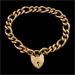 Early 20th century rose gold Figaro link bracelet, with heart locket clasp, stamped 9ct