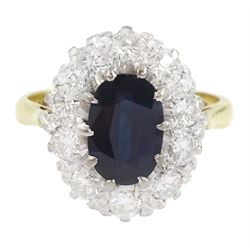 18ct gold oval cut sapphire and round brilliant cut diamond cluster ring, stamped, sapphire approx 1.20 carat, total diamond weight approx 0.80 carat