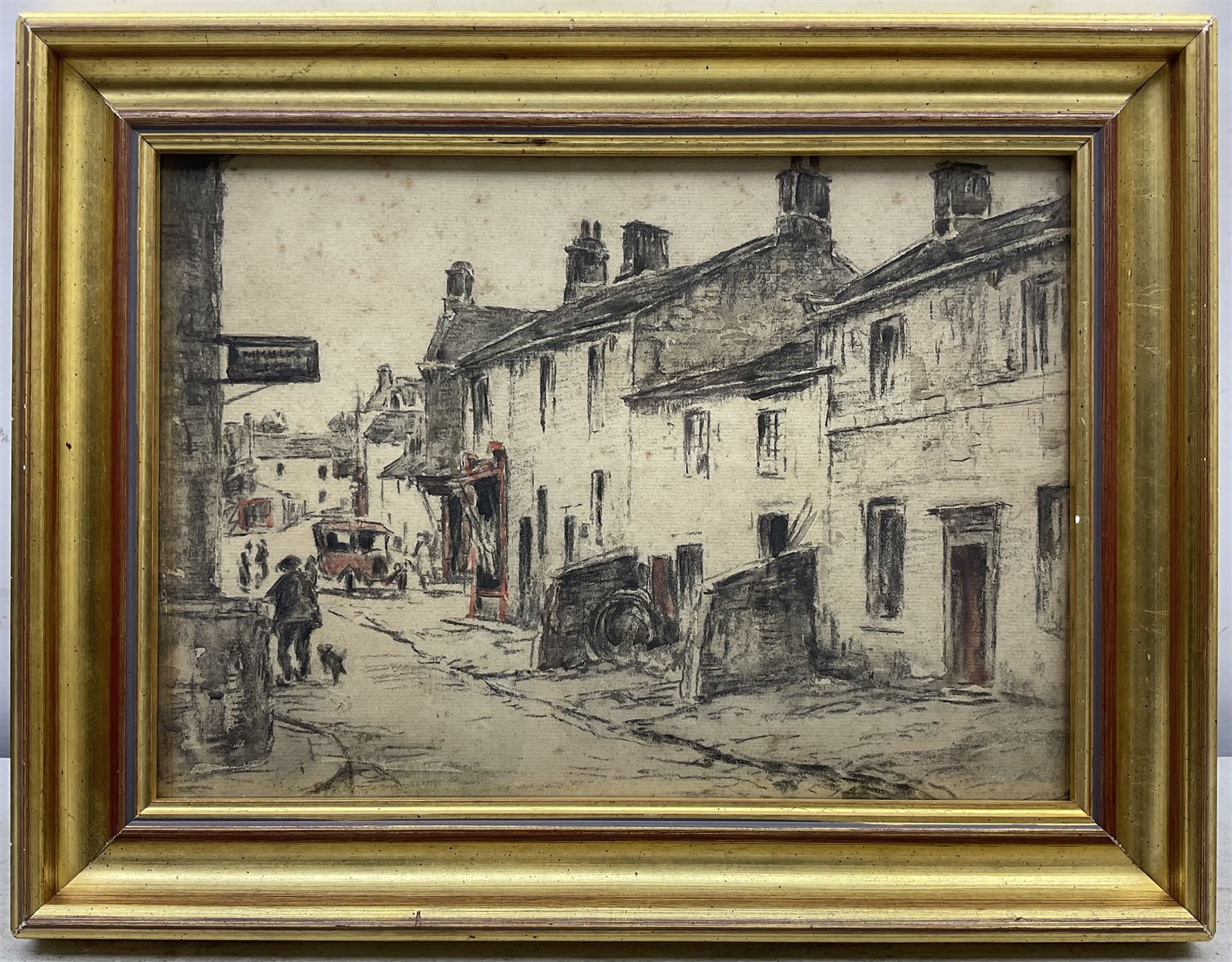 Frederick (Fred) Lawson (British 1888-1968): Grassington High Street, charcoal with colour wash highlights unsigned 21cm x 30cm