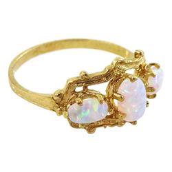 Silver-gilt three stone opal ring, stamped