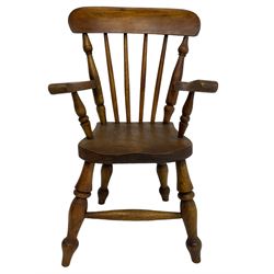 19th century elm and beech child's farmhouse chair, shaped cresting rail over stick back, on turned supports 