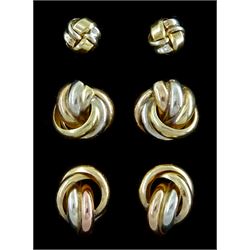 Three pairs of 9ct rose, yellow and white gold knot stud earrings