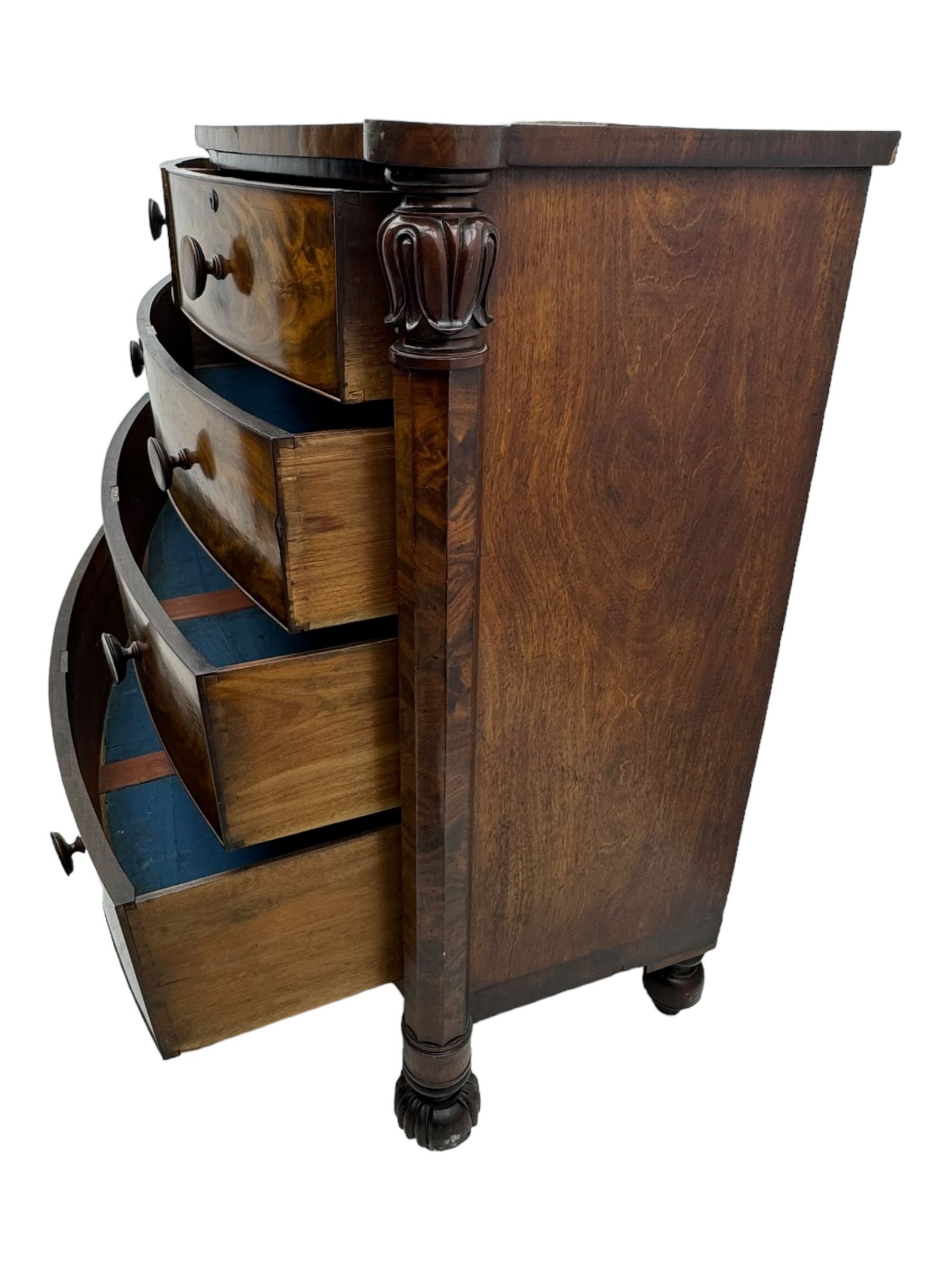 Early Victorian mahogany bow front chest, two short over three long graduating cockbeaded drawers, flanked by faceted columns with carved acanthus leaf capitals, standing on turned bun supports with fluted detailing