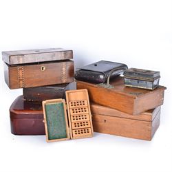 Group of wooden boxes and tins, including oak two compartment cigarette box, money tins, inlaid tea caddy, etc