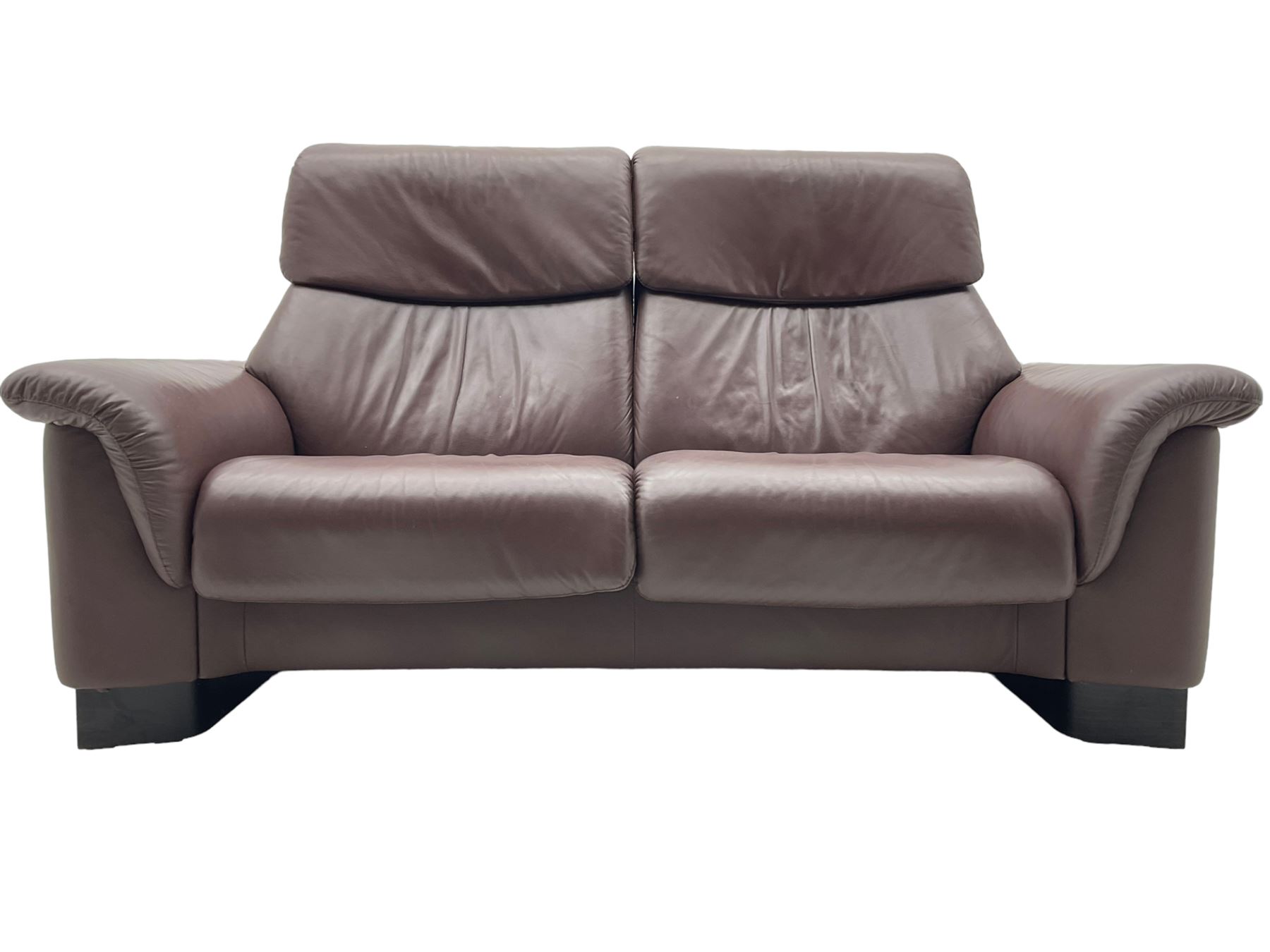 Ekornes Stressless - three-seat sofa upholstered in chocolate brown leather, with high backrests, cushioned headrests, and manual reclining mechanism (L248cm, D84cm, H102cm); with matching two-seat sofa (L184cm, D84cm, H102cm)