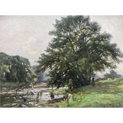 William Greaves (British 1852-1938): Children Playing in the River Wharfe, oil on canvas s...