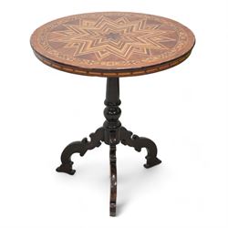 19th century inlaid walnut Italian Sorrento table, circular tilt-top with geometric star inlay and parquetry band decorated with stylised flowerheads, on turned column with three out splayed silhouette supports 