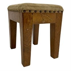 Eagleman - small oak stool, with floral needlework upholstered seat, carved with eagle signature, on square tapering supports, by Albert Jeffray, Sessay
