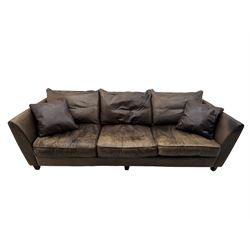 Collins & Hayes - contemporary grande three-seater sofa upholstered in brown leather, with curved arms and standing on tapering feet