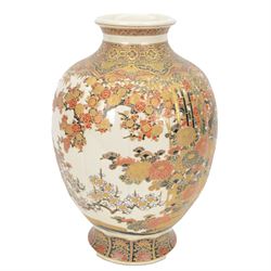 Large satsuma vase of baluster form, decorated with flowering sprigs and gilt borders, H48cm 