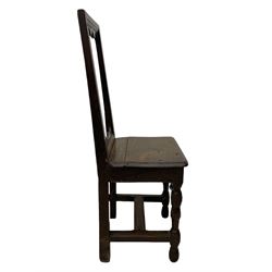 Small late 17th century oak side chair, open frame back with shaped upper and lower brackets, moulded plank seat, on turned supports united by moulded H-shaped stretchers