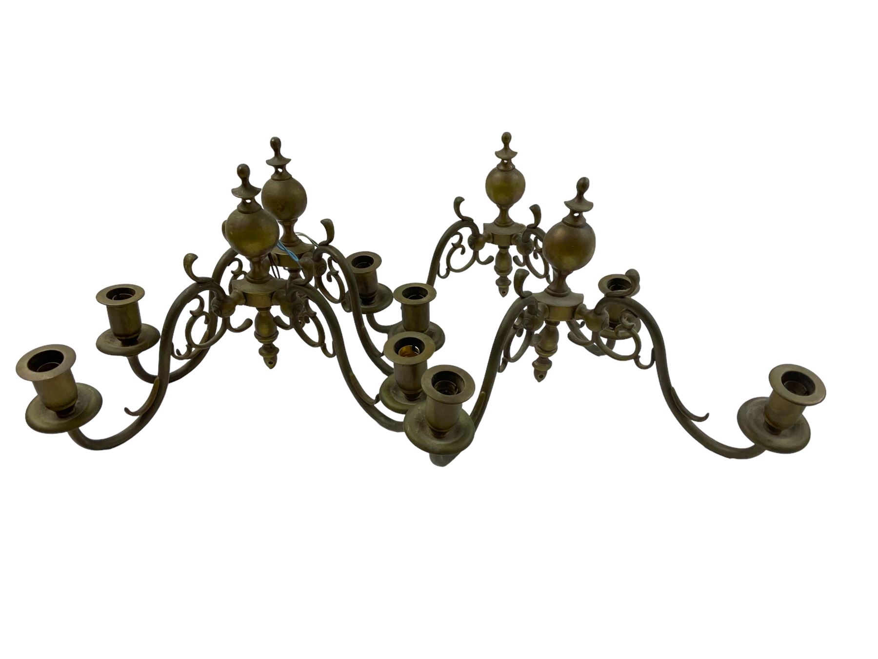 Dutch style metal chandelier, with five arms, approximately W50cm, together with a four Dutch style twin branch wall sconces, H22cm W32cm