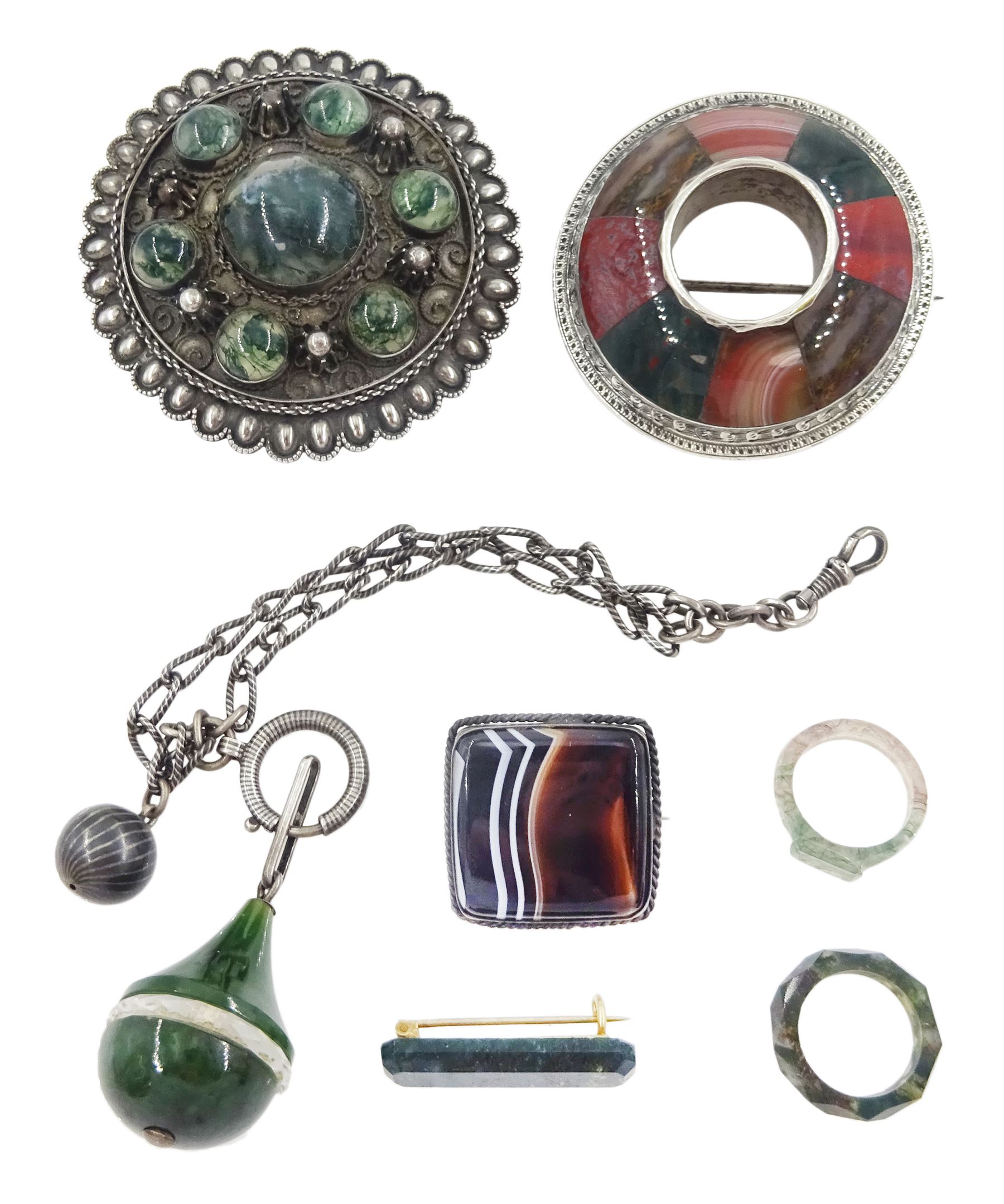 Victorian and later hardstone jewellery including Scottish silver brooch, moss agate buckle, rings, brooches and a niello chain with fob pendant