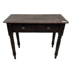 Victorian painted pine side table, moulded rectangular top over two drawers, on turned supports 