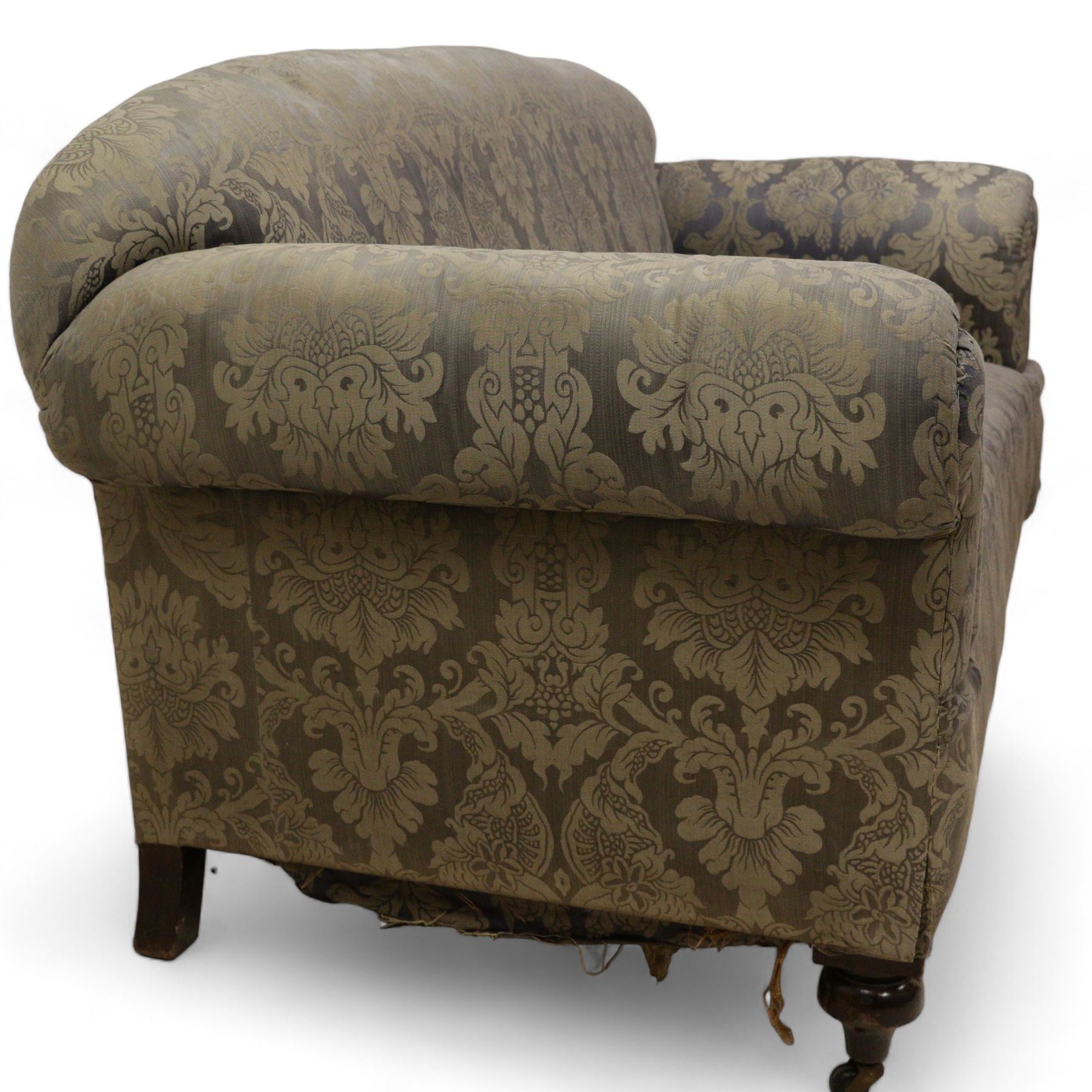 Late Victorian mahogany framed two seat drop arm sofa, upholstered in floral pattern fabric