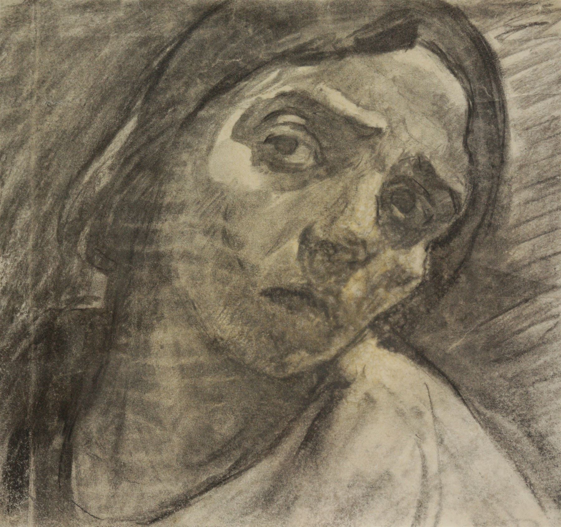 Continental School (Mid-20th Century): Portrait of a Fearful Woman, charcoal unsigned 29cm x 31cm 