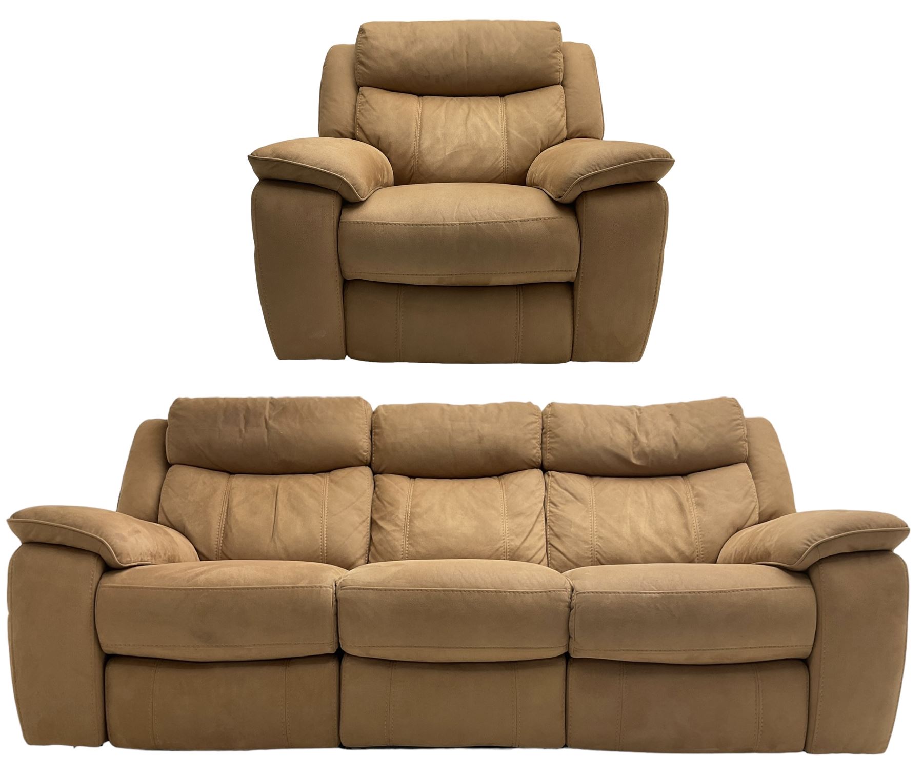 Electric reclining three-seat sofa (W213cm, H100cm) and matching armchair (W109cm) upholstered in brown fabric