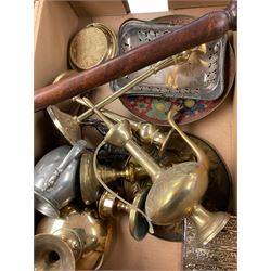 Collection of metalware including trays, copper jugs, candlestick etc, in three boxes 