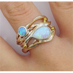 Silver and 14ct gold wire opal ring, stamped 925