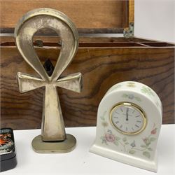 Gold plated Egyptian style ring, two silver wedding bands, and collection of watches including Fitbit and Swatch, housed in a writing slope