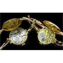 Two early 20th century 9ct gold manual wind wristwatches, hallmarked, on 9ct gold expanding straps and three silver fob watches, one by American Watch Company