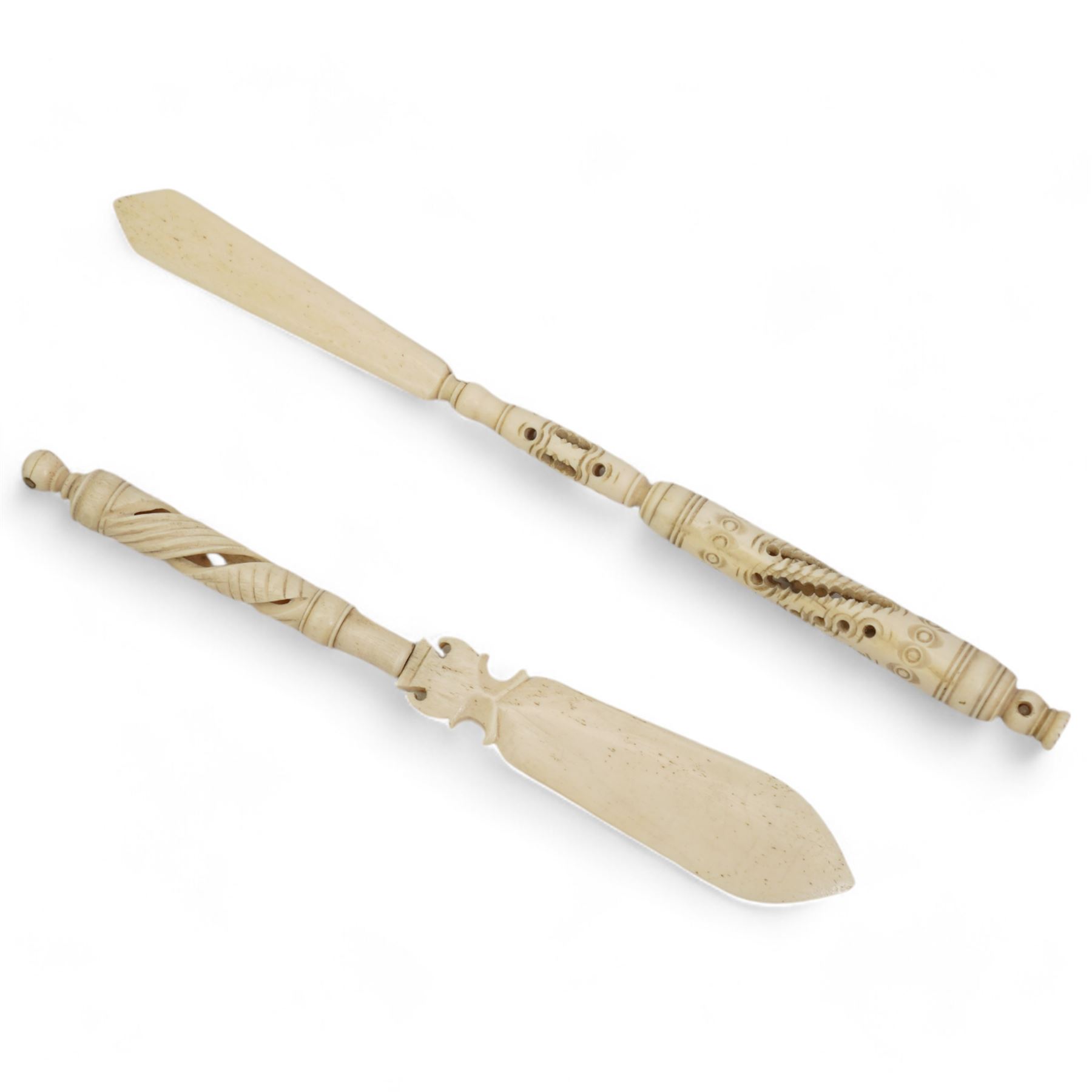 Two Victorian bone combination Stanhope letter openers, L24cm max (2)