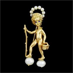 Gold pearl and blue sapphire cherub brooch by Cyvra for M Hime, stamped 14K