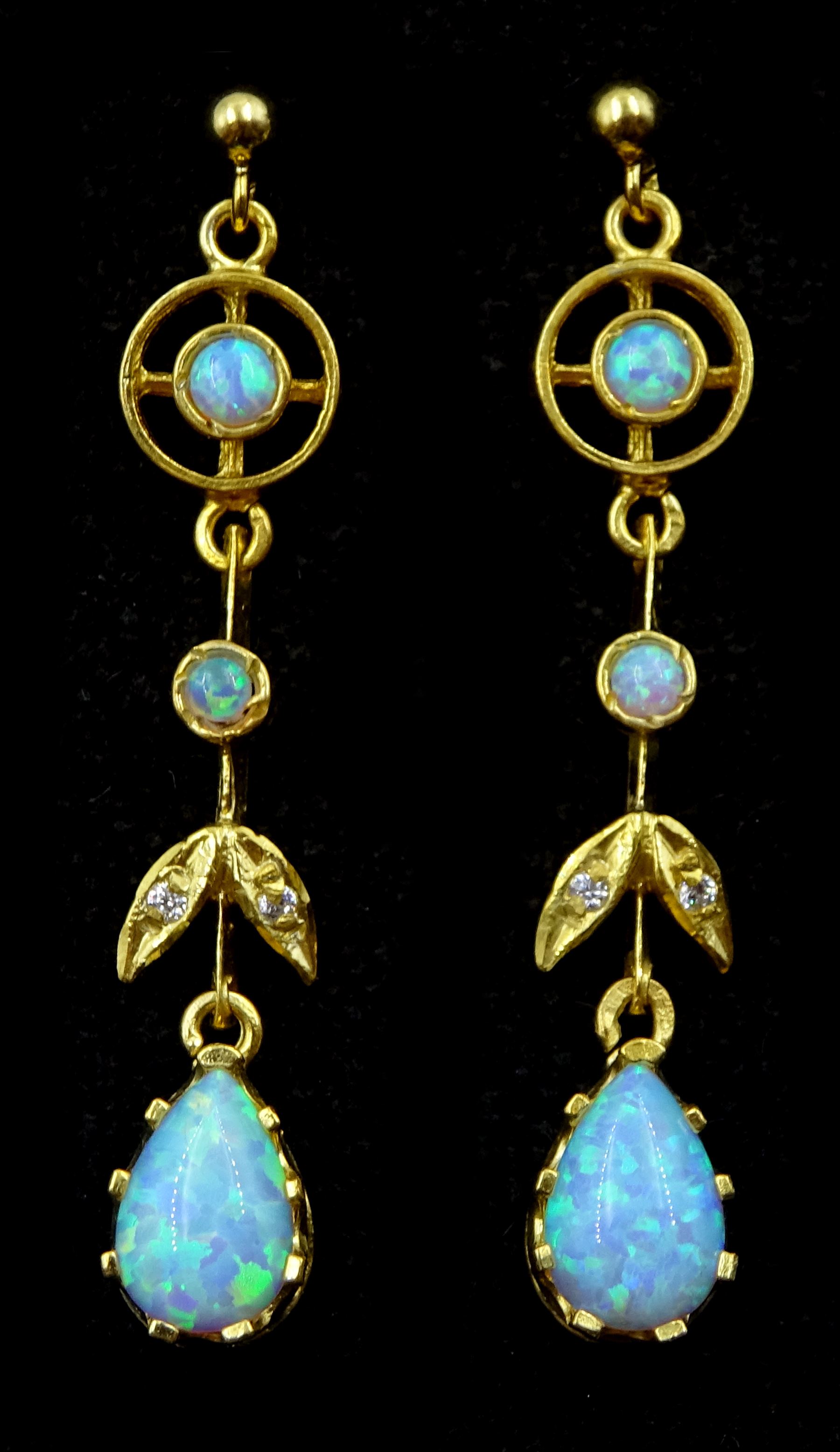 Pair of silver-gilt opal pendant stud earrings, stamped 925