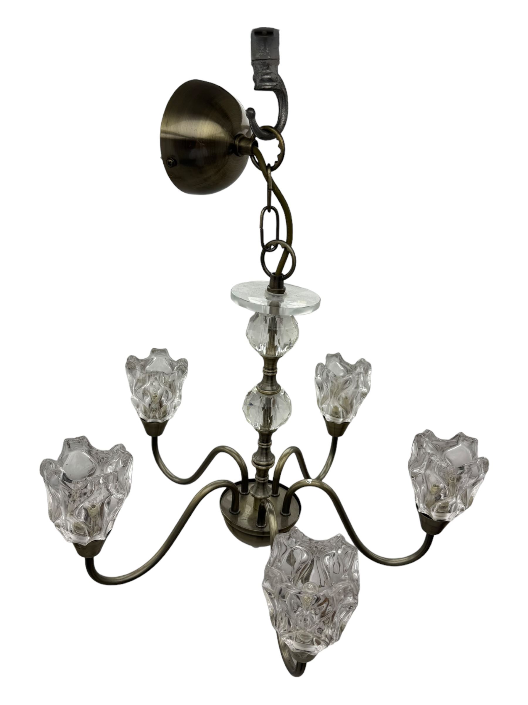 Contemporary five-branch chandelier, brass effect with moulded glass shades; matching pair of wall-mounted two-branch lights (3)