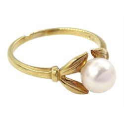 Mikimoto 14ct gold single stone cultured pearl ring, stamped K14, in original box with guarantee dated 1966