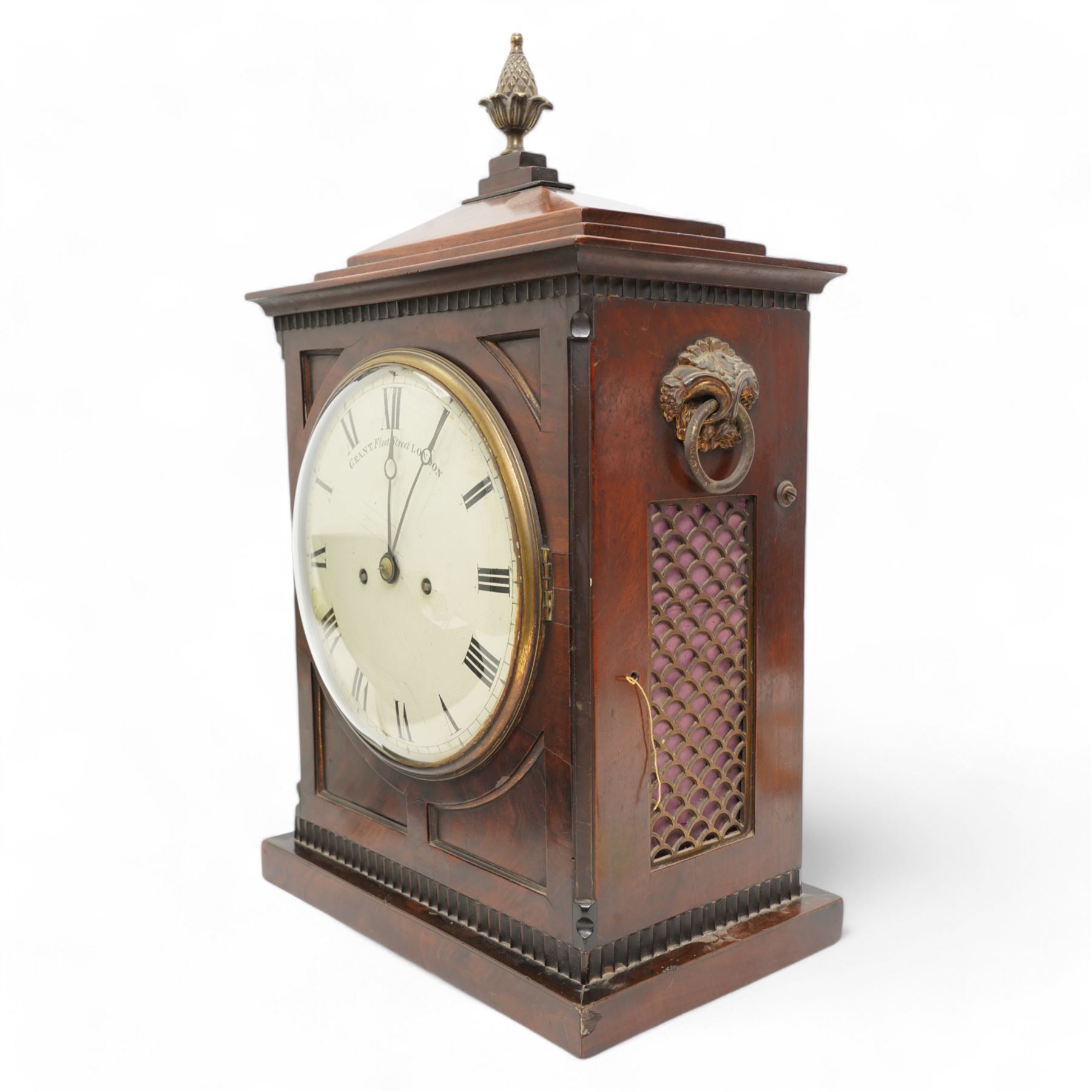 John Grant (II) Fleet Street, LONDON-Regency mahogany and gilt brass mounted 8-day striking table clock c1820, sides with cornucopia loop handles above fishscale sound frets and a glazed rear door, 8