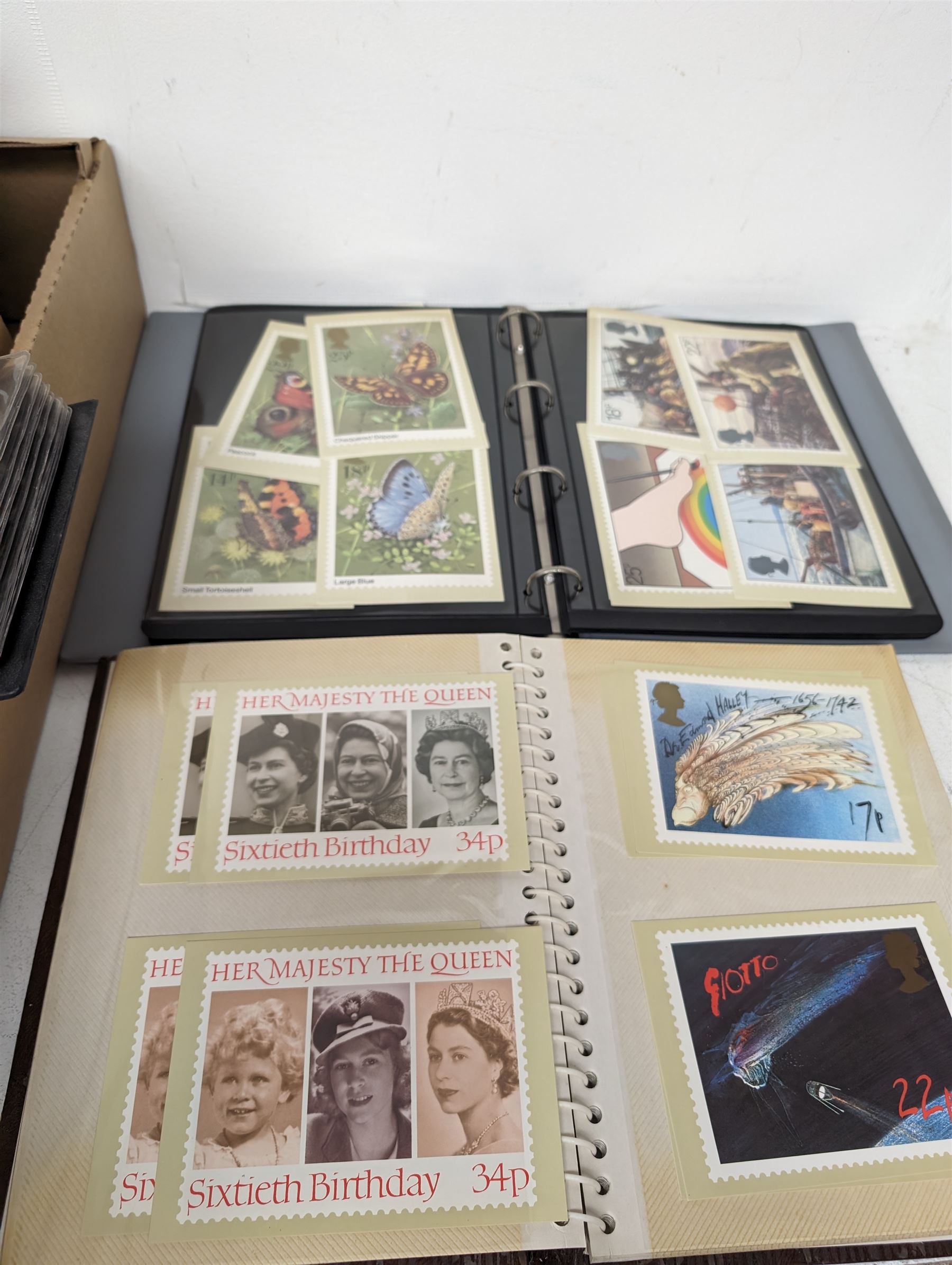 Great British and World stamps, including PHQ cards, Queen Elizabeth II first day covers, Bahamas, Belgium, Canada, India etc, housed in albums, ring binder folders and loose, in one box