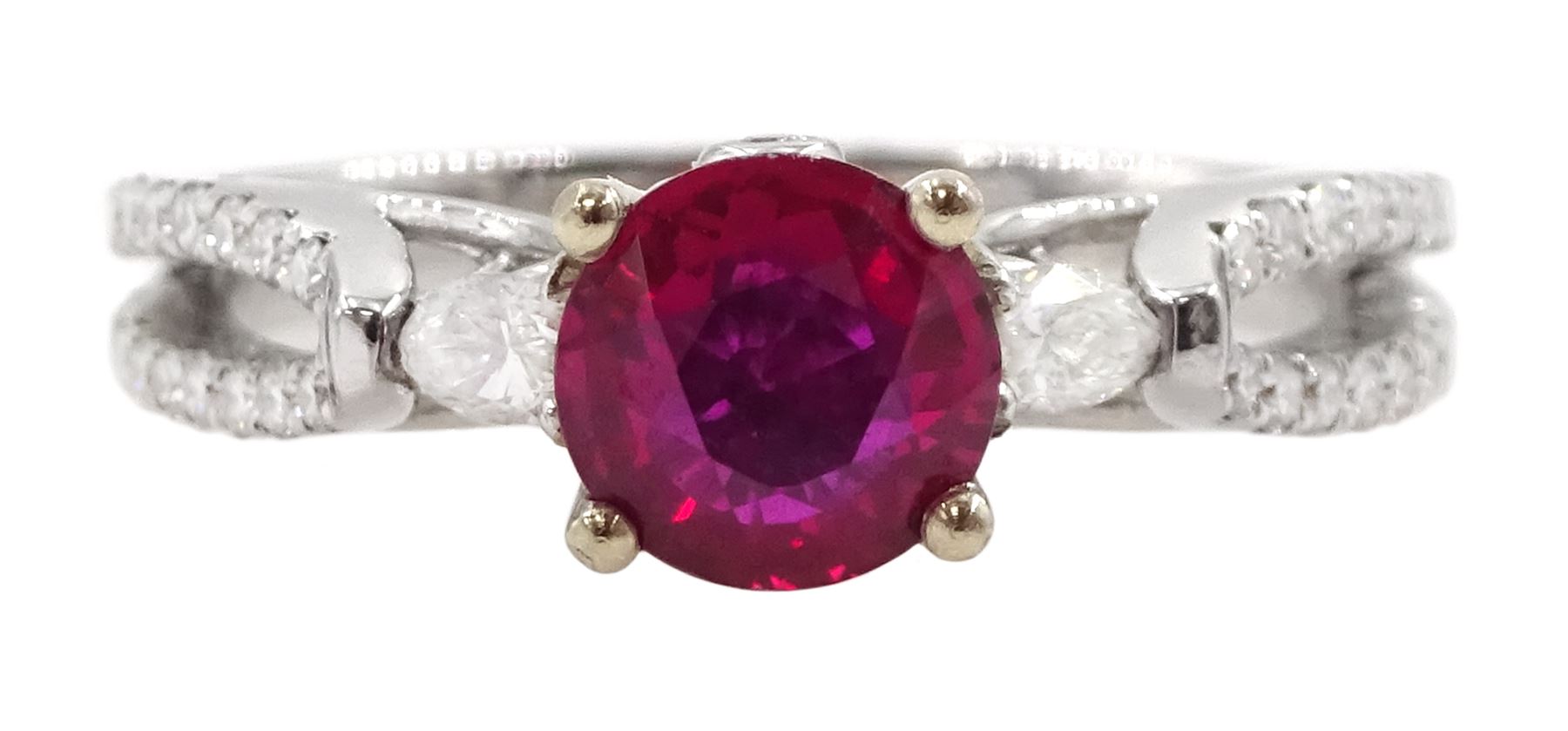 18ct white gold three stone round cut ruby and pear cut diamond ring, with diamond set gallery and two row diamond set shoulders, hallmarked, ruby approx 0.85 carat