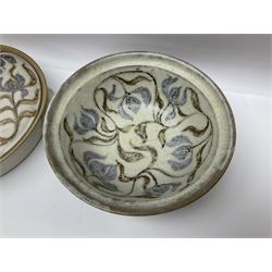 John Egerton (c1945-): studio pottery stoneware, comprising twin shallow covered dish, serving bowl and eight dessert bowls, all decorated with flowering sprigs on a cream ground, dish D28cm