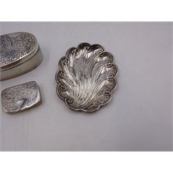 Modern silver oval box, decorated to the removable cover with an owl on a branch, hallmarked London 1984, makers mark KB, together with a modern silver pin tray of scrolling lobed form, hallmarked 1992, makers mark EM, and an early 20th century silver pill box, hallmarked Adie & Lovekin Ltd, Birmingham 1910, oval box H2.2cm, W6.5cm