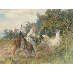 George Arthur Hickin (British 1821-1885): Chickens Feeding by a Farmstead, watercolour signed 34cm x 45cm