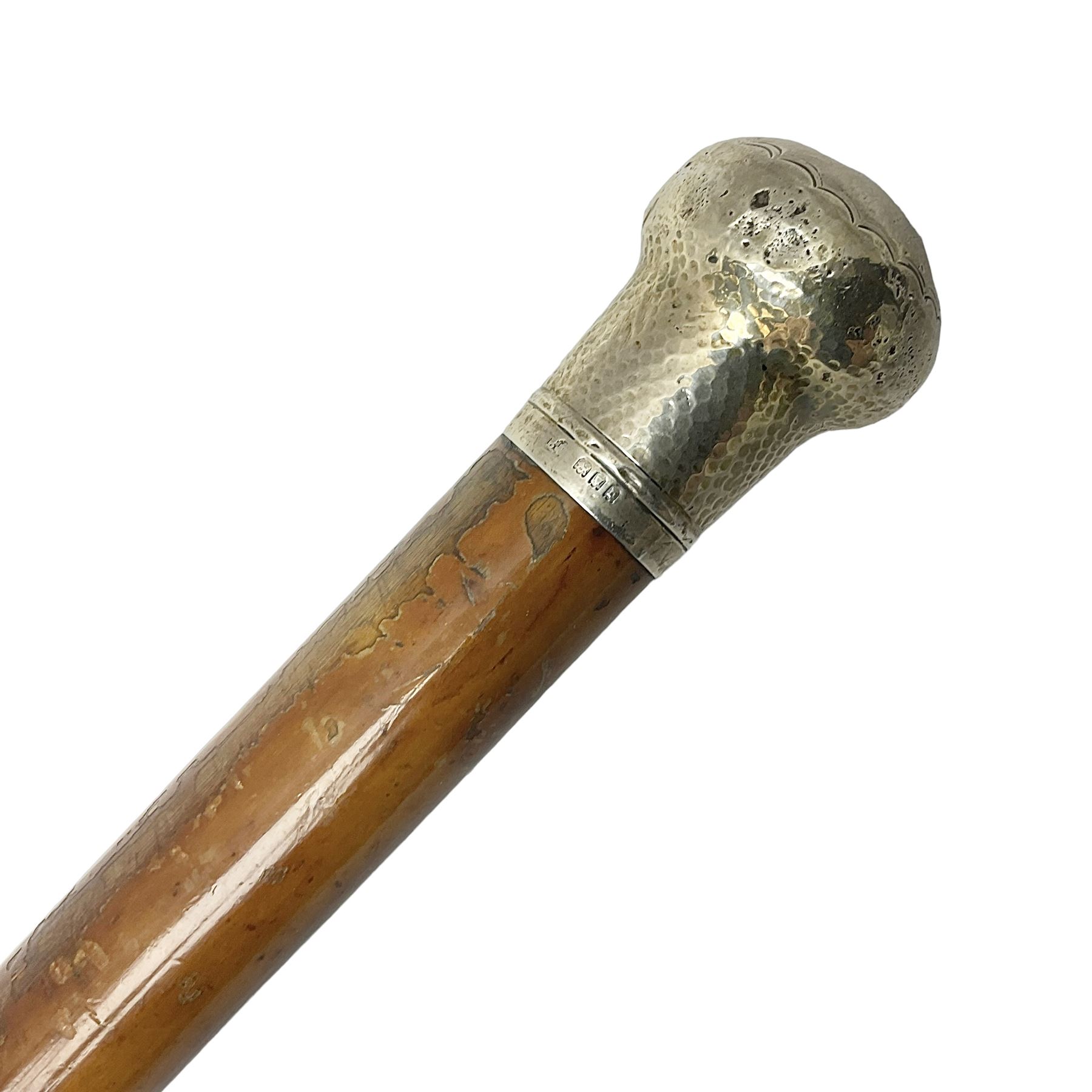 Early 20th century walking cane, with planished silver domed pommel, engraved 'Sergt RW Dimery from Lieut Edwards 14.04.18', hallmarked London 1917, L90cm