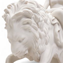 Victorian Minton Parian ware group 'Una and the Lion', designed by John Bell (1812-1895), the nude maiden seated side-saddle astride the male lion, with her fingers holding onto its mane, impressed marks to the rectangular base, L40cm x H37cm