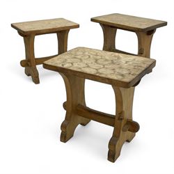 Gnomeman - three oak occasional tables, rectangular adzed top on shaped end supports united by pegged stretcher, each carved with gnome signature, by Thomas Whittaker, Littlebeck, the largest - 46cm x 29cm, H37cm