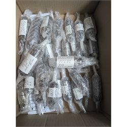 Collection of Mullard thermionic radio valves/vacuum tubes, mostly bubble wrapped and identified with lists