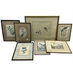 Collection of botanical watercolours, Japanese watercolour on silk, original watercolour o...