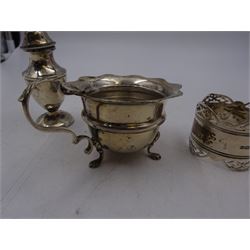 Group of silver, including mustard pot, pepper shaker and napkin ring, all hallmarked 