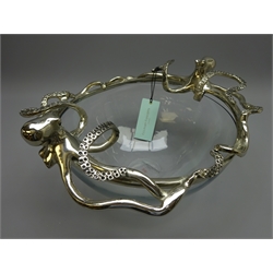  Culinary Concepts London, glass salad bowl with cast metal Octopus design mount and handles, as new with tags, W36cm  