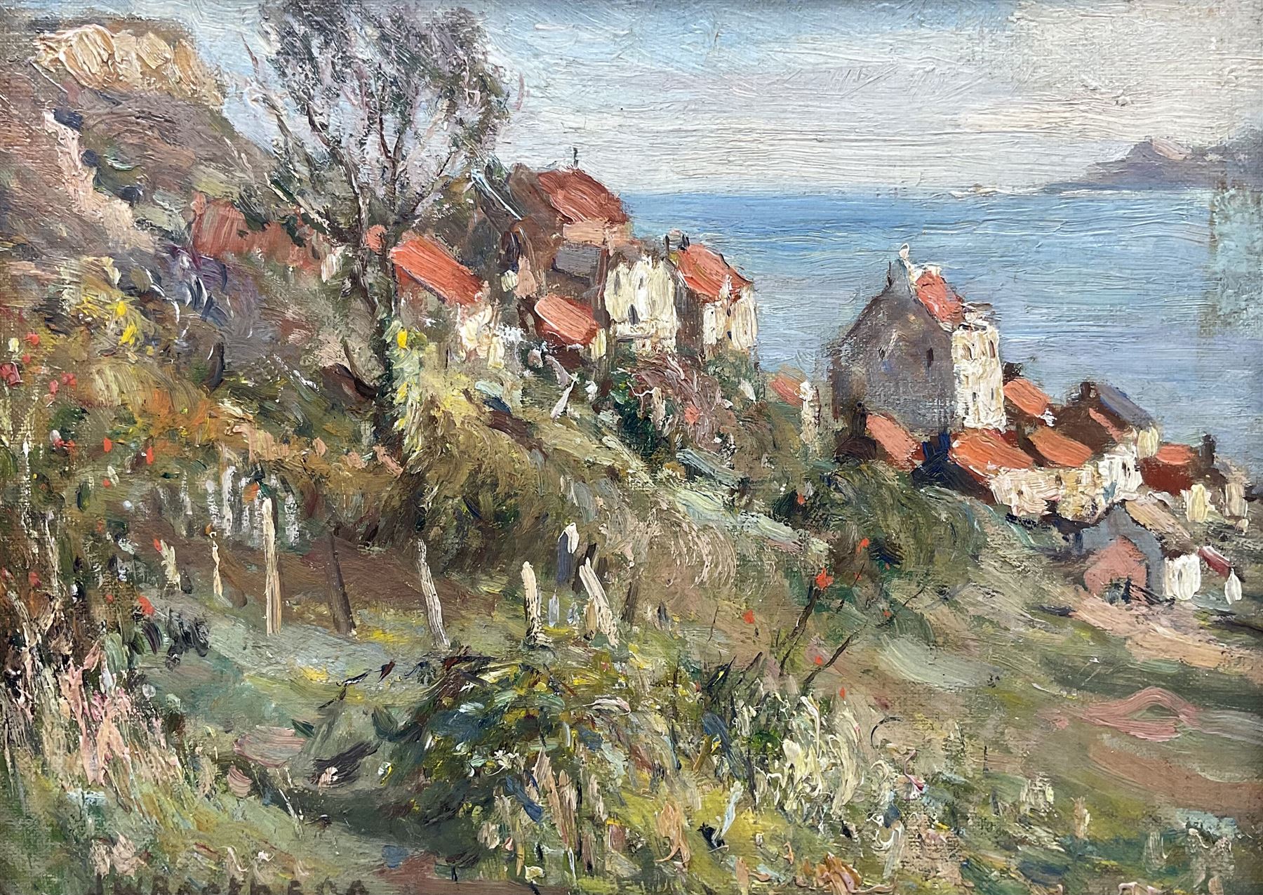 James William Booth (Staithes Group 1867-1953): Cottages at Runswick Bay, oil on canvas laid on to panel signed 21cm x 28cm