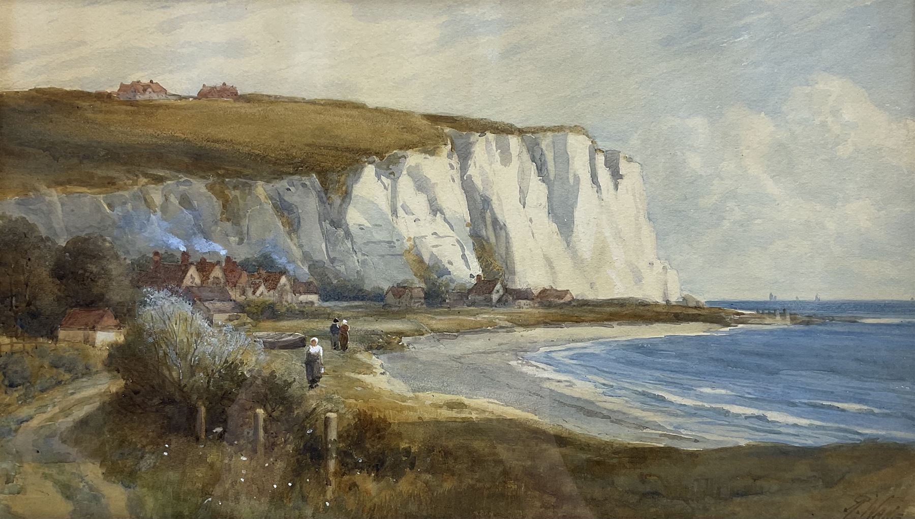 Richard Wane (British 1852-1904): Village beneath White Cliffs, watercolour signed 28cm x 49cm