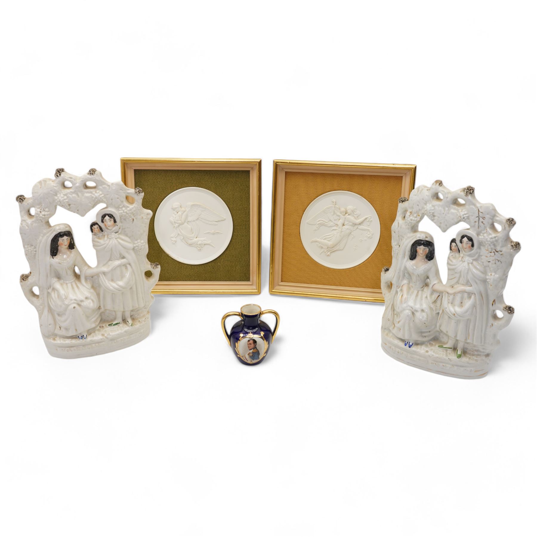 Pair of Royal Copenhagen bisque plaques, framed 26cm x 26cm, two Victorian Staffordshire flatware figures 'Fortune Teller' and a small twin-handled vase depicting Napoleon (5)